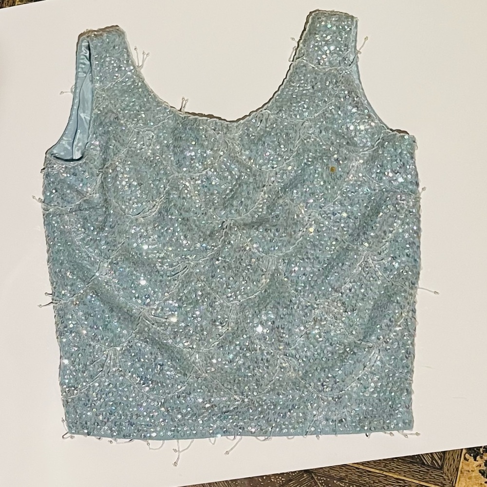 NEW blue sequins sparkly beaded zip up sleeveless dressy top fringe bead Vintage